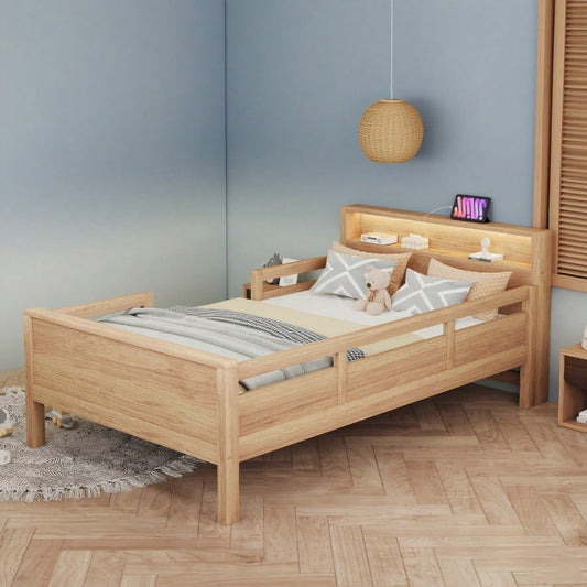 Holzbett 90 x 200 cm, USB- und Tape-C-Kombi-Steckdose, kleine LED-Leuchte, Kopfteil mit Ablagefunktion, Kinderbett, Einzelbett, Multifunktionsbett,Kiefernholz, Holzfarbe