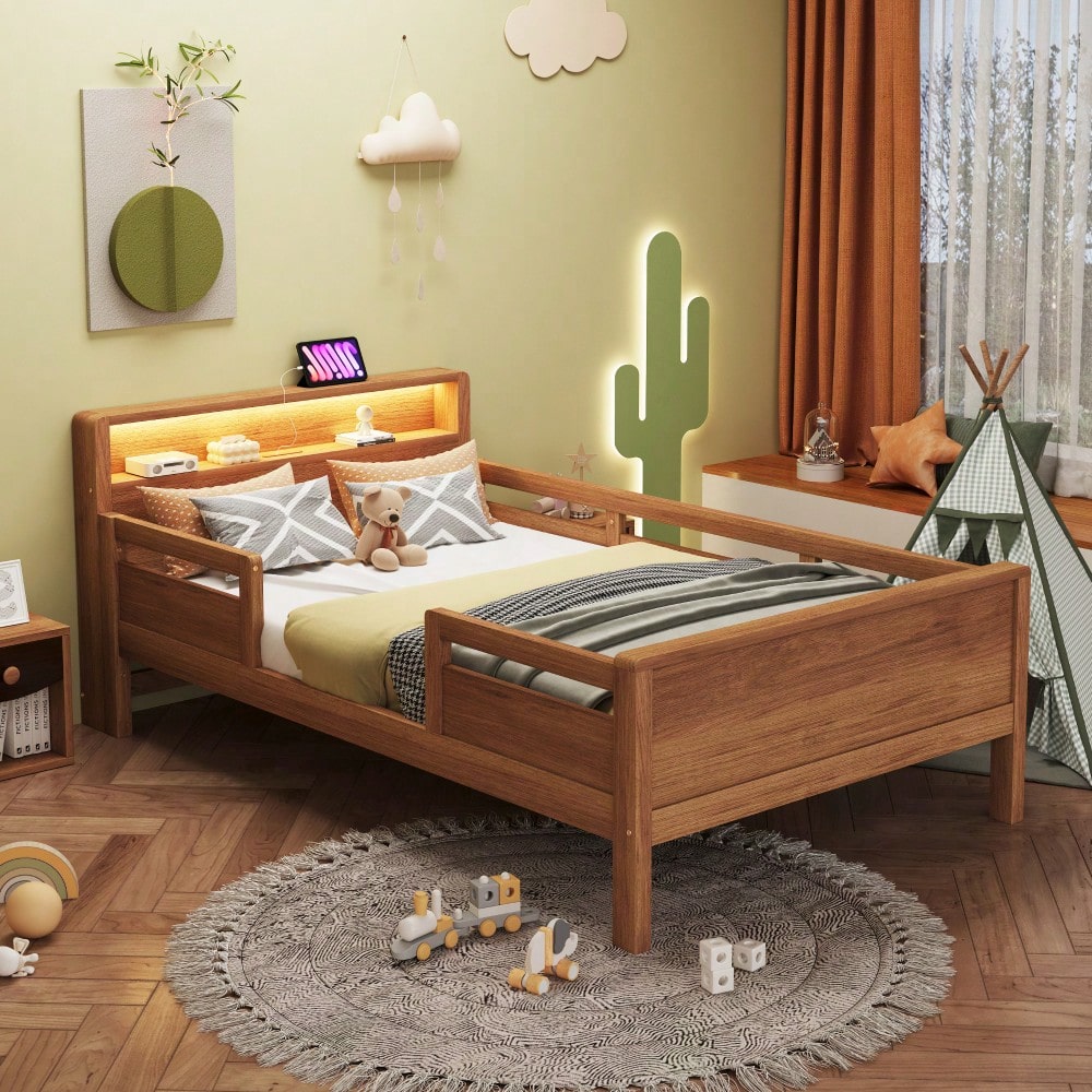 Holzbett 90 x 200 cm, USB- und Tape-C-Kombi-Steckdose, kleine LED-Leuchte, Kopfteil mit Ablagefunktion, Kinderbett, Einzelbett, Multifunktionsbett,Kiefernholz, Holzfarbe