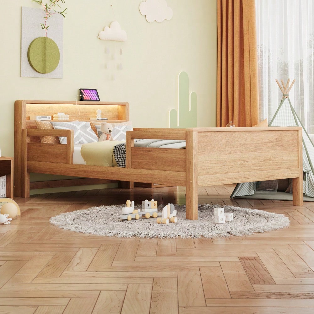 Holzbett 90 x 200 cm, USB- und Tape-C-Kombi-Steckdose, kleine LED-Leuchte, Kopfteil mit Ablagefunktion, Kinderbett, Einzelbett, Multifunktionsbett,Kiefernholz, Holzfarbe