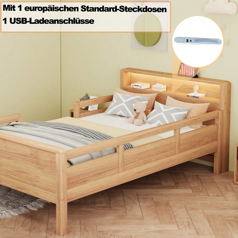 Holzbett 90 x 200 cm, USB- und Tape-C-Kombi-Steckdose, kleine LED-Leuchte, Kopfteil mit Ablagefunktion, Kinderbett, Einzelbett, Multifunktionsbett,Kiefernholz, Holzfarbe