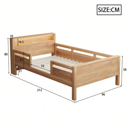 Holzbett 90 x 200 cm, USB- und Tape-C-Kombi-Steckdose, kleine LED-Leuchte, Kopfteil mit Ablagefunktion, Kinderbett, Einzelbett, Multifunktionsbett,Kiefernholz, Holzfarbe