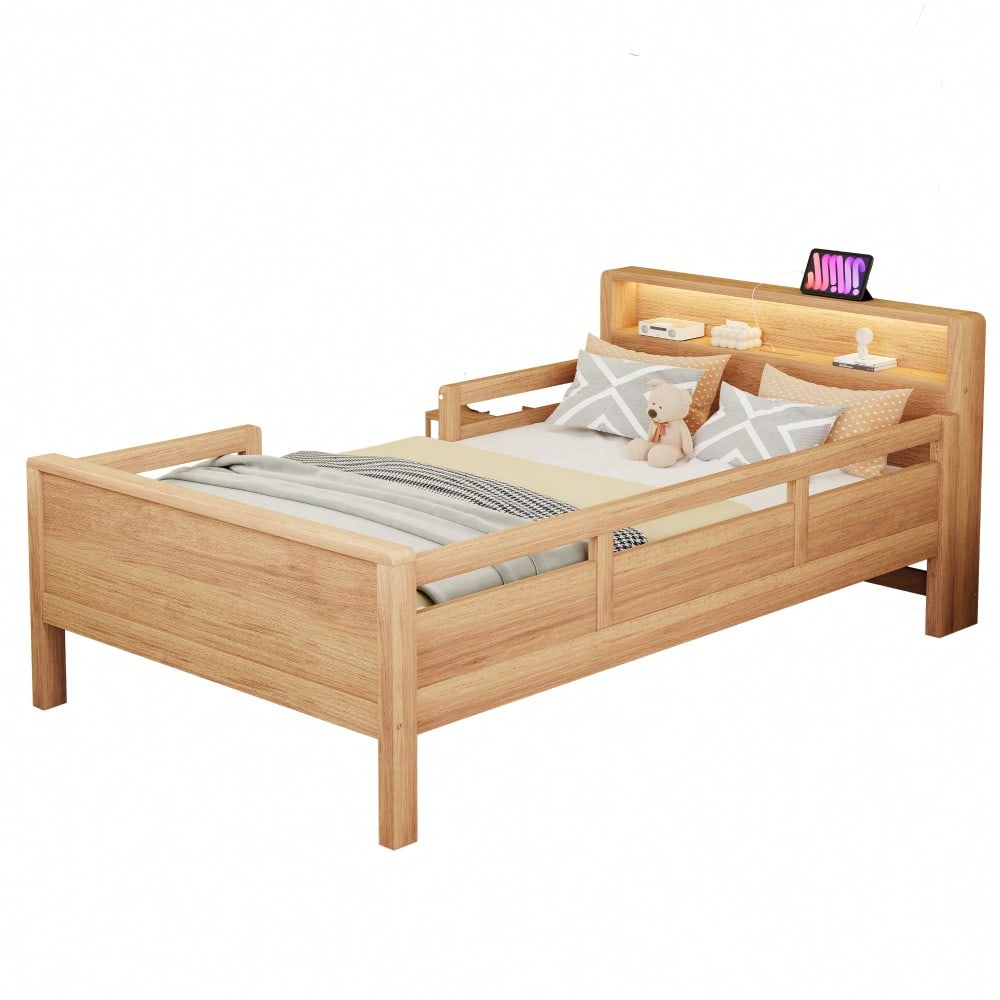 Holzbett 90 x 200 cm, USB- und Tape-C-Kombi-Steckdose, kleine LED-Leuchte, Kopfteil mit Ablagefunktion, Kinderbett, Einzelbett, Multifunktionsbett,Kiefernholz, Holzfarbe