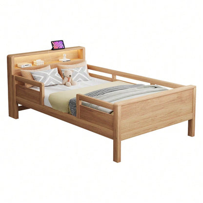Holzbett 90 x 200 cm, USB- und Tape-C-Kombi-Steckdose, kleine LED-Leuchte, Kopfteil mit Ablagefunktion, Kinderbett, Einzelbett, Multifunktionsbett,Kiefernholz, Holzfarbe