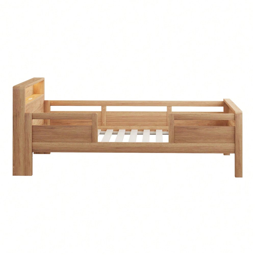 Holzbett 90 x 200 cm, USB- und Tape-C-Kombi-Steckdose, kleine LED-Leuchte, Kopfteil mit Ablagefunktion, Kinderbett, Einzelbett, Multifunktionsbett,Kiefernholz, Holzfarbe