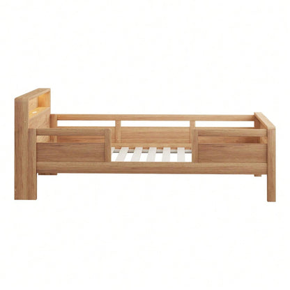 Holzbett 90 x 200 cm, USB- und Tape-C-Kombi-Steckdose, kleine LED-Leuchte, Kopfteil mit Ablagefunktion, Kinderbett, Einzelbett, Multifunktionsbett,Kiefernholz, Holzfarbe