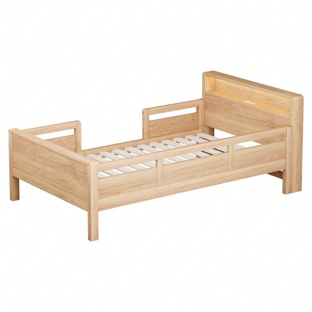 Holzbett 90 x 200 cm, USB- und Tape-C-Kombi-Steckdose, kleine LED-Leuchte, Kopfteil mit Ablagefunktion, Kinderbett, Einzelbett, Multifunktionsbett,Kiefernholz, Holzfarbe