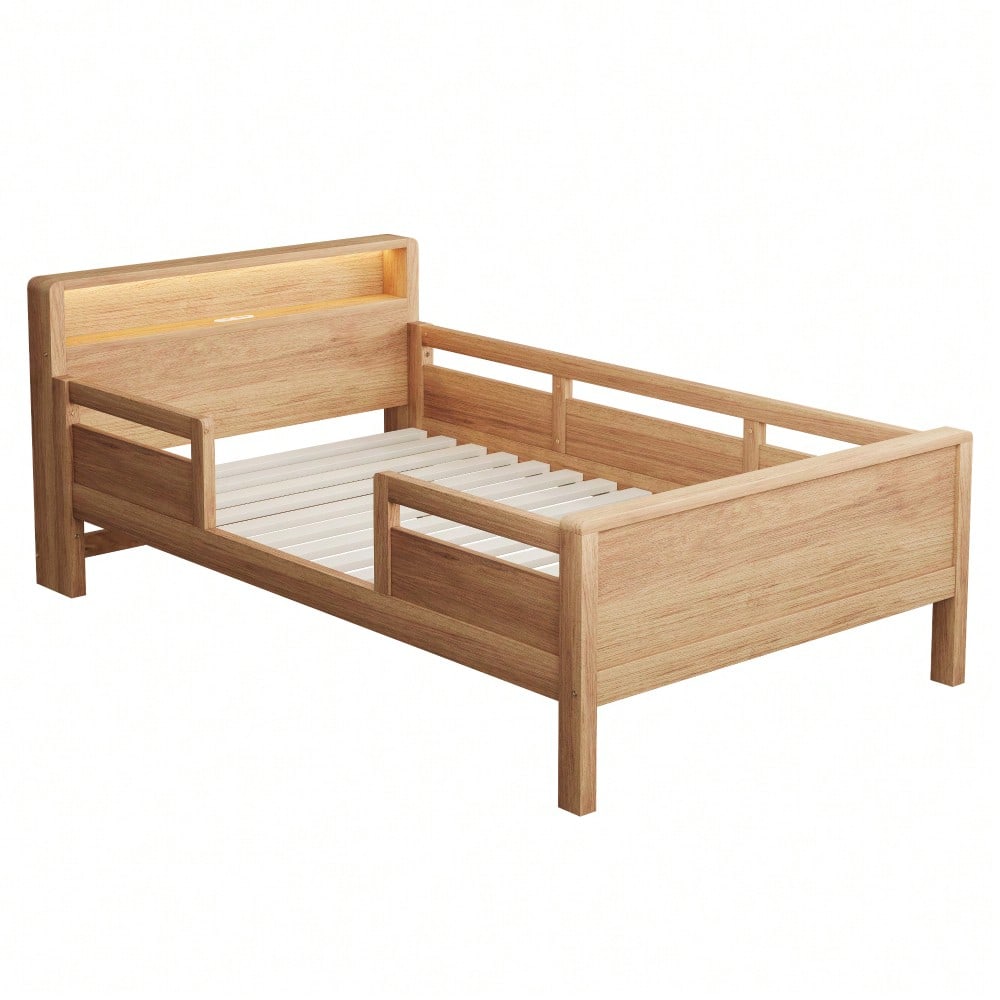 Holzbett 90 x 200 cm, USB- und Tape-C-Kombi-Steckdose, kleine LED-Leuchte, Kopfteil mit Ablagefunktion, Kinderbett, Einzelbett, Multifunktionsbett,Kiefernholz, Holzfarbe