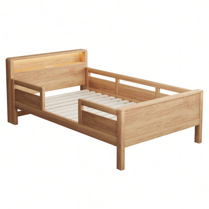 Holzbett 90 x 200 cm, USB- und Tape-C-Kombi-Steckdose, kleine LED-Leuchte, Kopfteil mit Ablagefunktion, Kinderbett, Einzelbett, Multifunktionsbett,Kiefernholz, Holzfarbe