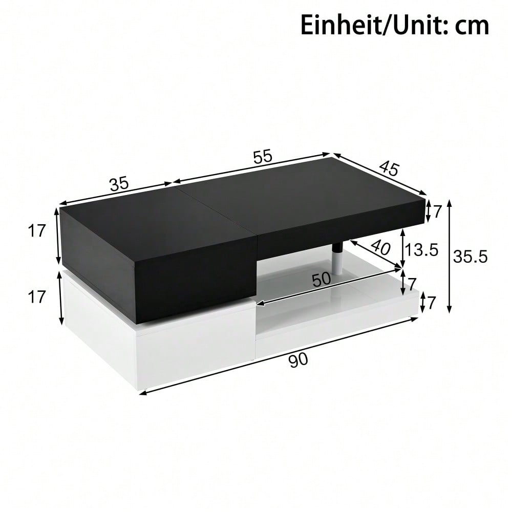 Moderner Couchtisch mit LED-Ambientebeleuchtung, APP- und Bluetooth-Steuerung, Glasablage & Hochglanz-Oberfläche, Schwarz-Weiß-Design für Wohnzimmer, 90x45x35,5 cm