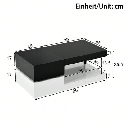 Moderner Couchtisch mit LED-Ambientebeleuchtung, APP- und Bluetooth-Steuerung, Glasablage & Hochglanz-Oberfläche, Schwarz-Weiß-Design für Wohnzimmer, 90x45x35,5 cm