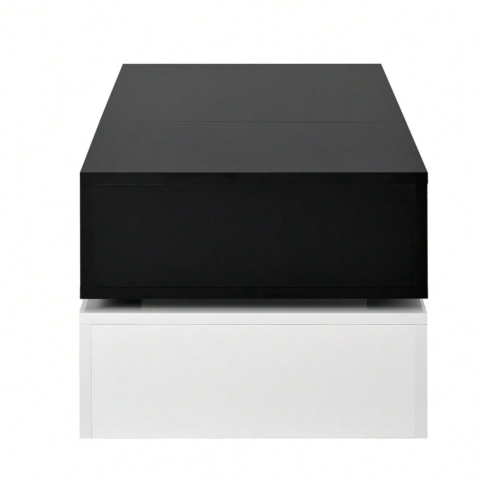 Moderner Couchtisch mit LED-Ambientebeleuchtung, APP- und Bluetooth-Steuerung, Glasablage & Hochglanz-Oberfläche, Schwarz-Weiß-Design für Wohnzimmer, 90x45x35,5 cm