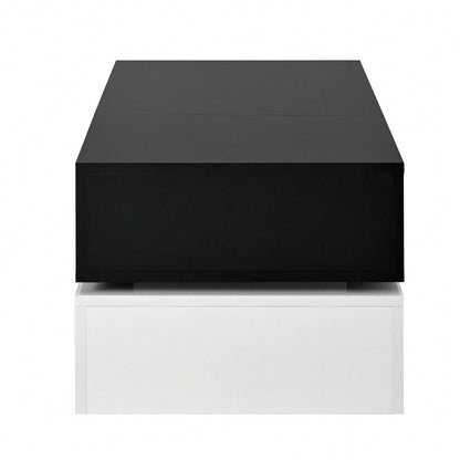 Moderner Couchtisch mit LED-Ambientebeleuchtung, APP- und Bluetooth-Steuerung, Glasablage & Hochglanz-Oberfläche, Schwarz-Weiß-Design für Wohnzimmer, 90x45x35,5 cm
