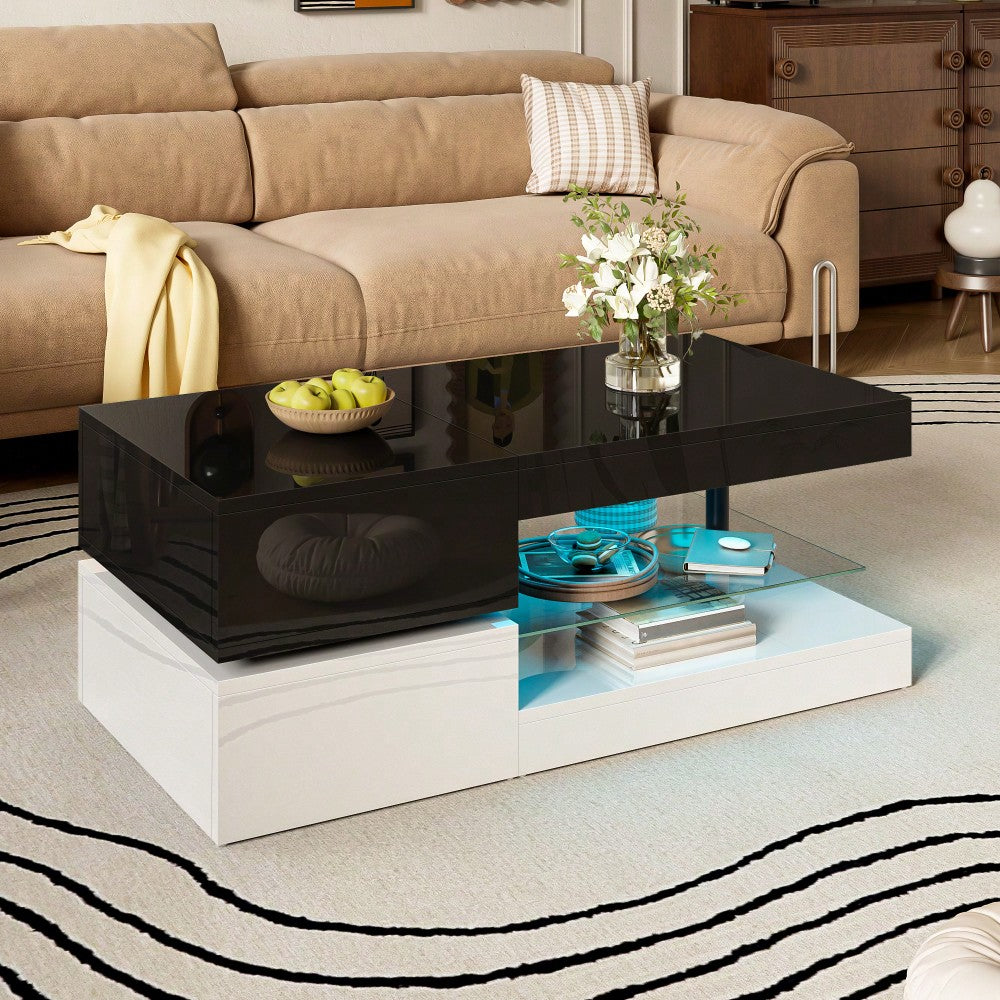 Moderner Couchtisch mit LED-Ambientebeleuchtung, APP- und Bluetooth-Steuerung, Glasablage & Hochglanz-Oberfläche, Schwarz-Weiß-Design für Wohnzimmer, 90x45x35,5 cm