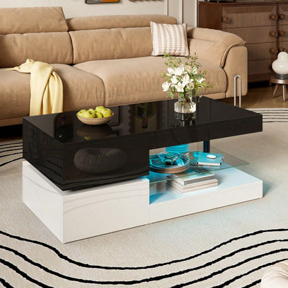 Moderner Couchtisch mit LED-Ambientebeleuchtung, APP- und Bluetooth-Steuerung, Glasablage & Hochglanz-Oberfläche, Schwarz-Weiß-Design für Wohnzimmer, 90x45x35,5 cm