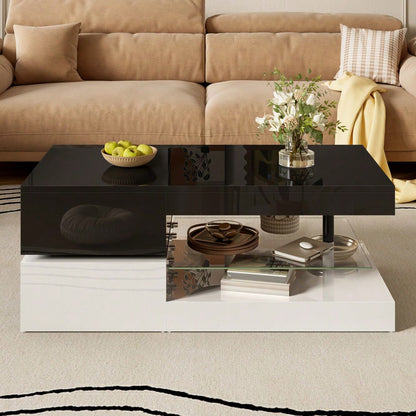 Moderner Couchtisch mit LED-Ambientebeleuchtung, APP- und Bluetooth-Steuerung, Glasablage & Hochglanz-Oberfläche, Schwarz-Weiß-Design für Wohnzimmer, 90x45x35,5 cm