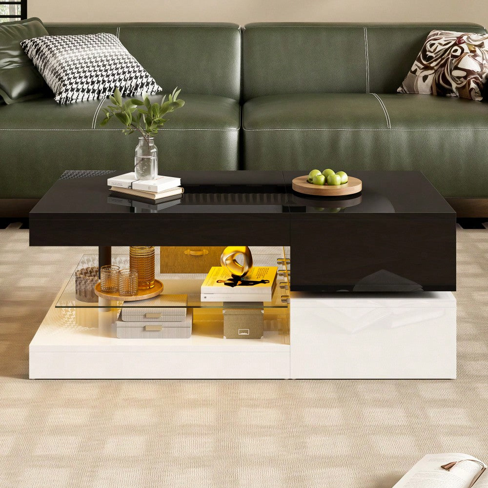 Moderner Couchtisch mit LED-Ambientebeleuchtung, APP- und Bluetooth-Steuerung, Glasablage & Hochglanz-Oberfläche, Schwarz-Weiß-Design für Wohnzimmer, 90x45x35,5 cm