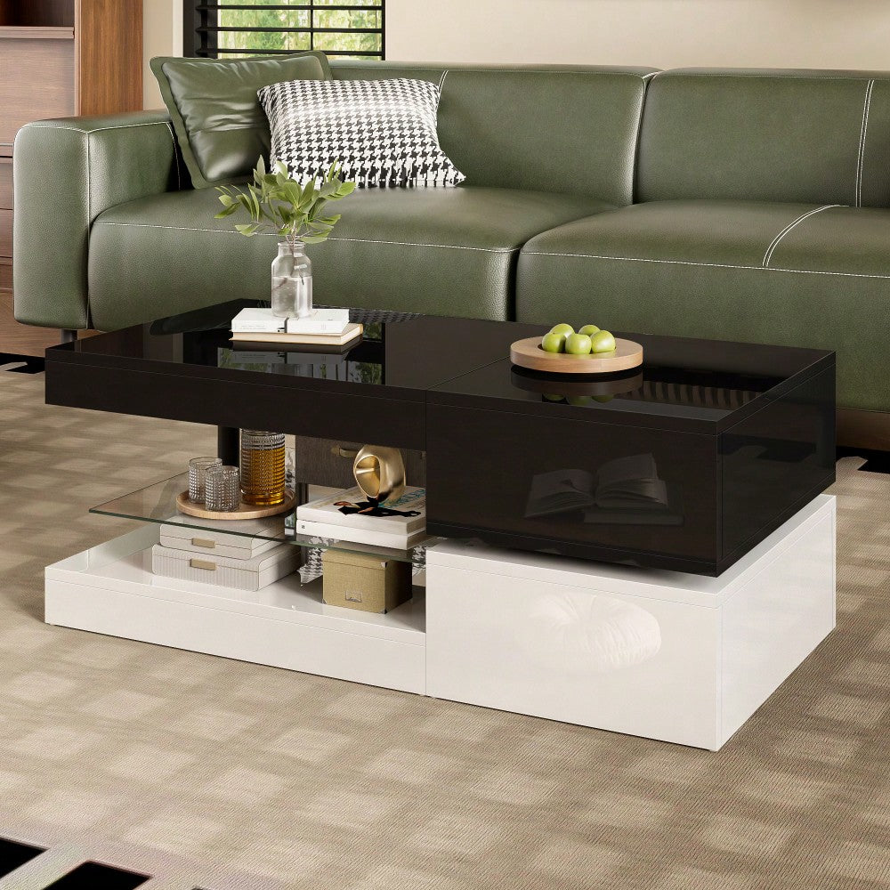 Moderner Couchtisch mit LED-Ambientebeleuchtung, APP- und Bluetooth-Steuerung, Glasablage & Hochglanz-Oberfläche, Schwarz-Weiß-Design für Wohnzimmer, 90x45x35,5 cm