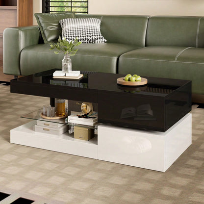 Moderner Couchtisch mit LED-Ambientebeleuchtung, APP- und Bluetooth-Steuerung, Glasablage & Hochglanz-Oberfläche, Schwarz-Weiß-Design für Wohnzimmer, 90x45x35,5 cm