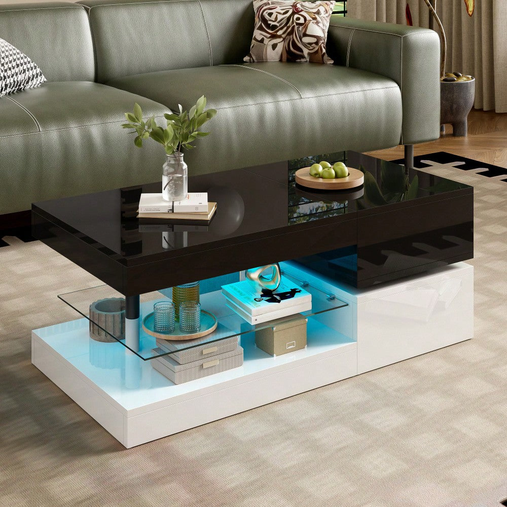 Moderner Couchtisch mit LED-Ambientebeleuchtung, APP- und Bluetooth-Steuerung, Glasablage & Hochglanz-Oberfläche, Schwarz-Weiß-Design für Wohnzimmer, 90x45x35,5 cm