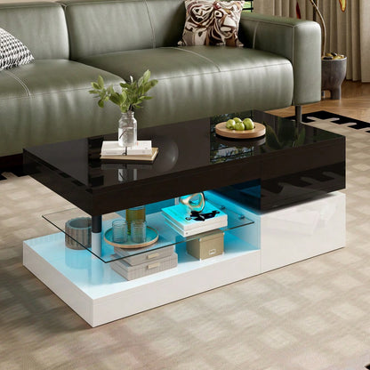 Moderner Couchtisch mit LED-Ambientebeleuchtung, APP- und Bluetooth-Steuerung, Glasablage & Hochglanz-Oberfläche, Schwarz-Weiß-Design für Wohnzimmer, 90x45x35,5 cm