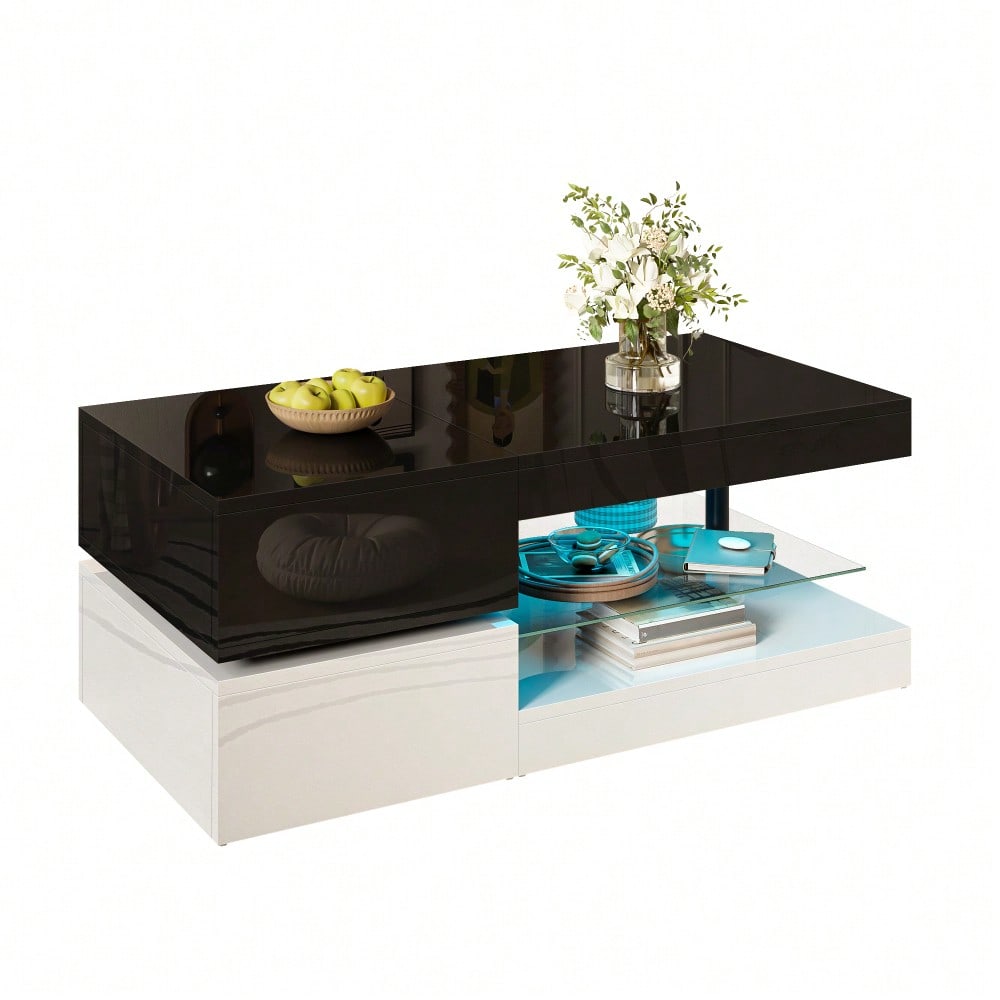Moderner Couchtisch mit LED-Ambientebeleuchtung, APP- und Bluetooth-Steuerung, Glasablage & Hochglanz-Oberfläche, Schwarz-Weiß-Design für Wohnzimmer, 90x45x35,5 cm