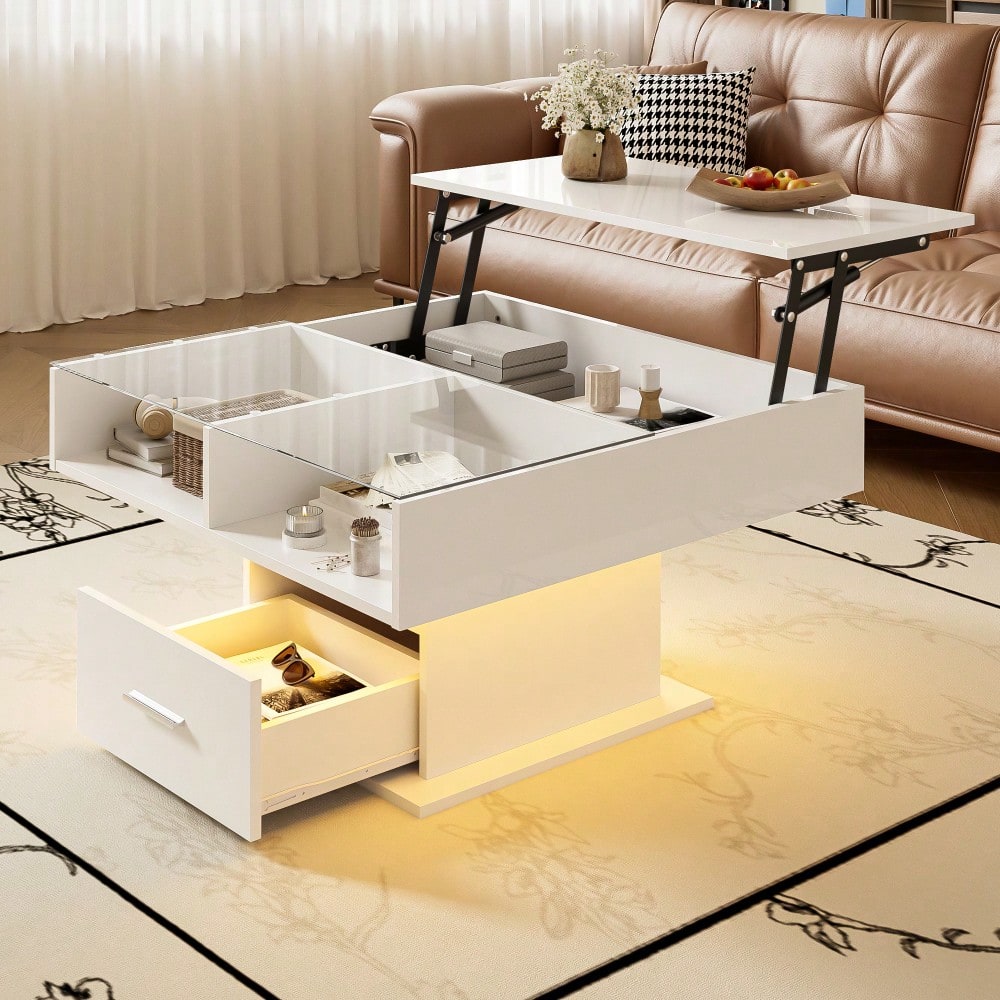 Multifunktionaler Hochglanz-Lift-Couchtisch mit LED-Beleuchtung, verstellbarer Höhe & flexiblem Stauraum – modernes Design für Wohnzimmer, Büro & kleine Wohnungen
