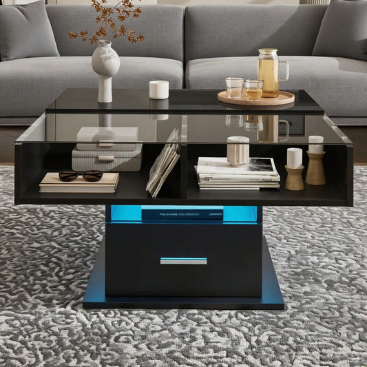 Multifunktionaler Hochglanz-Lift-Couchtisch mit LED-Beleuchtung, verstellbarer Höhe & flexiblem Stauraum – modernes Design für Wohnzimmer, Büro & kleine Wohnungen