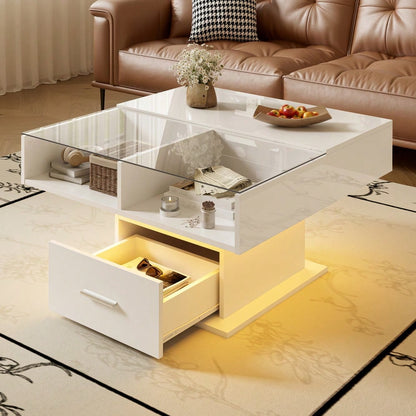 Multifunktionaler Hochglanz-Lift-Couchtisch mit LED-Beleuchtung, verstellbarer Höhe & flexiblem Stauraum – modernes Design für Wohnzimmer, Büro & kleine Wohnungen