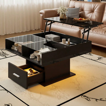 Multifunktionaler Hochglanz-Lift-Couchtisch mit LED-Beleuchtung, verstellbarer Höhe & flexiblem Stauraum – modernes Design für Wohnzimmer, Büro & kleine Wohnungen