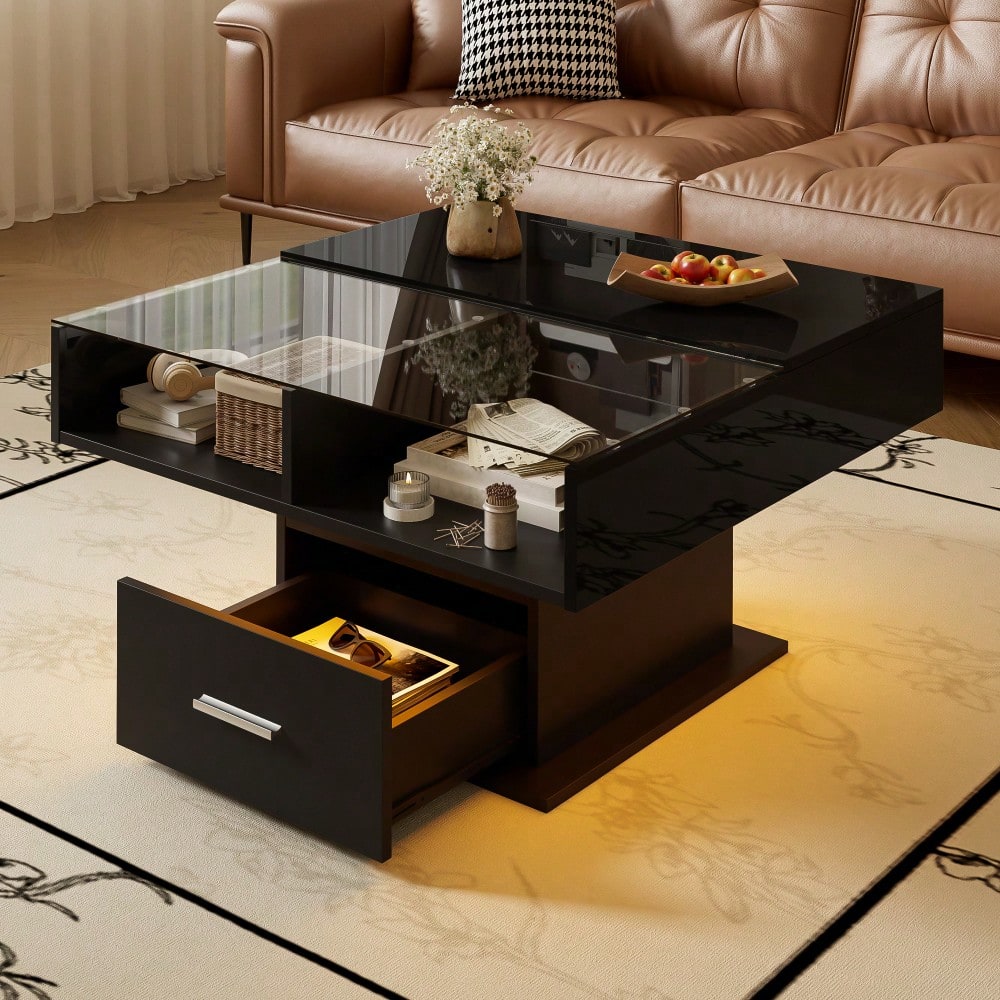 Multifunktionaler Hochglanz-Lift-Couchtisch mit LED-Beleuchtung, verstellbarer Höhe & flexiblem Stauraum – modernes Design für Wohnzimmer, Büro & kleine Wohnungen