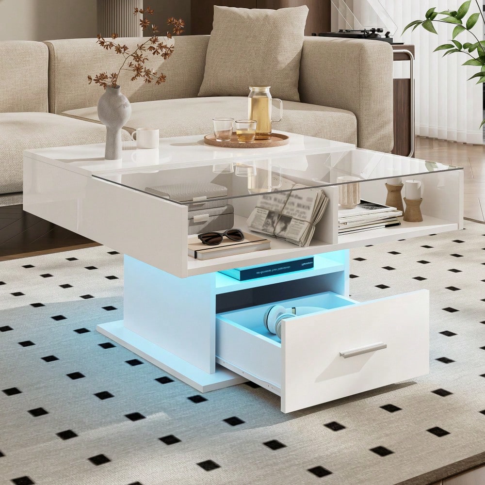 Multifunktionaler Hochglanz-Lift-Couchtisch mit LED-Beleuchtung, verstellbarer Höhe & flexiblem Stauraum – modernes Design für Wohnzimmer, Büro & kleine Wohnungen