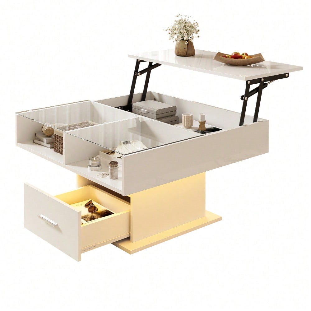 Multifunktionaler Hochglanz-Lift-Couchtisch mit LED-Beleuchtung, verstellbarer Höhe & flexiblem Stauraum – modernes Design für Wohnzimmer, Büro & kleine Wohnungen