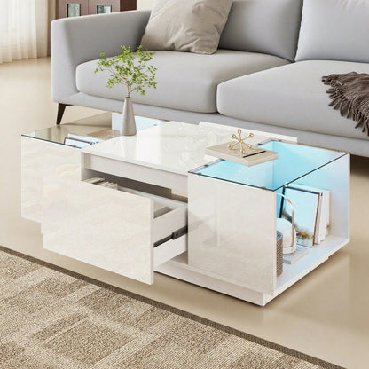 105 cm moderner, minimalistischer Couchtisch mit Stauraum, LED-Stimmungsbeleuchtung, Glasplatte und 2 Schubladen
