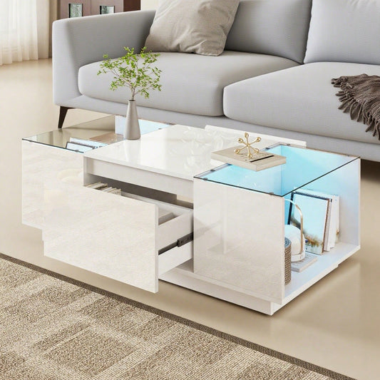 105 cm moderner, minimalistischer Couchtisch mit Stauraum, LED-Stimmungsbeleuchtung, Glasplatte und 2 Schubladen