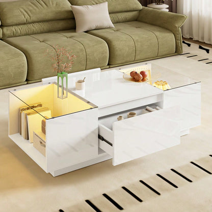 105 cm moderner, minimalistischer Couchtisch mit Stauraum, LED-Stimmungsbeleuchtung, Glasplatte und 2 Schubladen