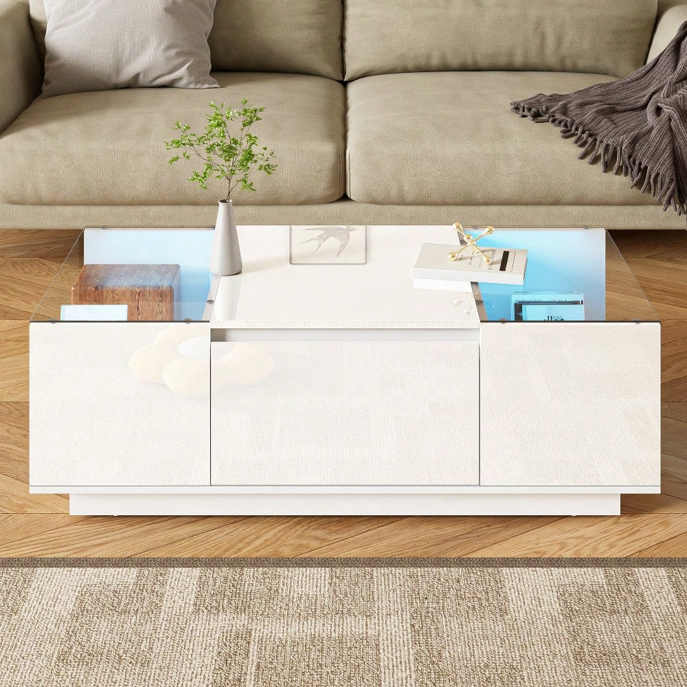 105 cm moderner, minimalistischer Couchtisch mit Stauraum, LED-Stimmungsbeleuchtung, Glasplatte und 2 Schubladen