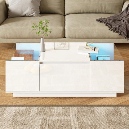 105 cm moderner, minimalistischer Couchtisch mit Stauraum, LED-Stimmungsbeleuchtung, Glasplatte und 2 Schubladen