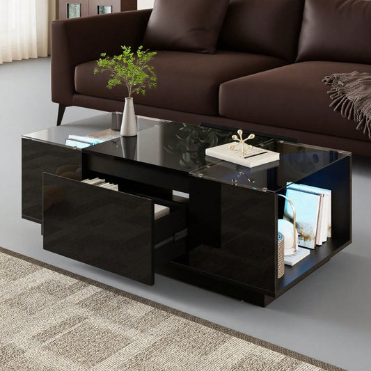 105 cm moderner, minimalistischer Couchtisch mit Stauraum, LED-Stimmungsbeleuchtung, Glasplatte und 2 Schubladen