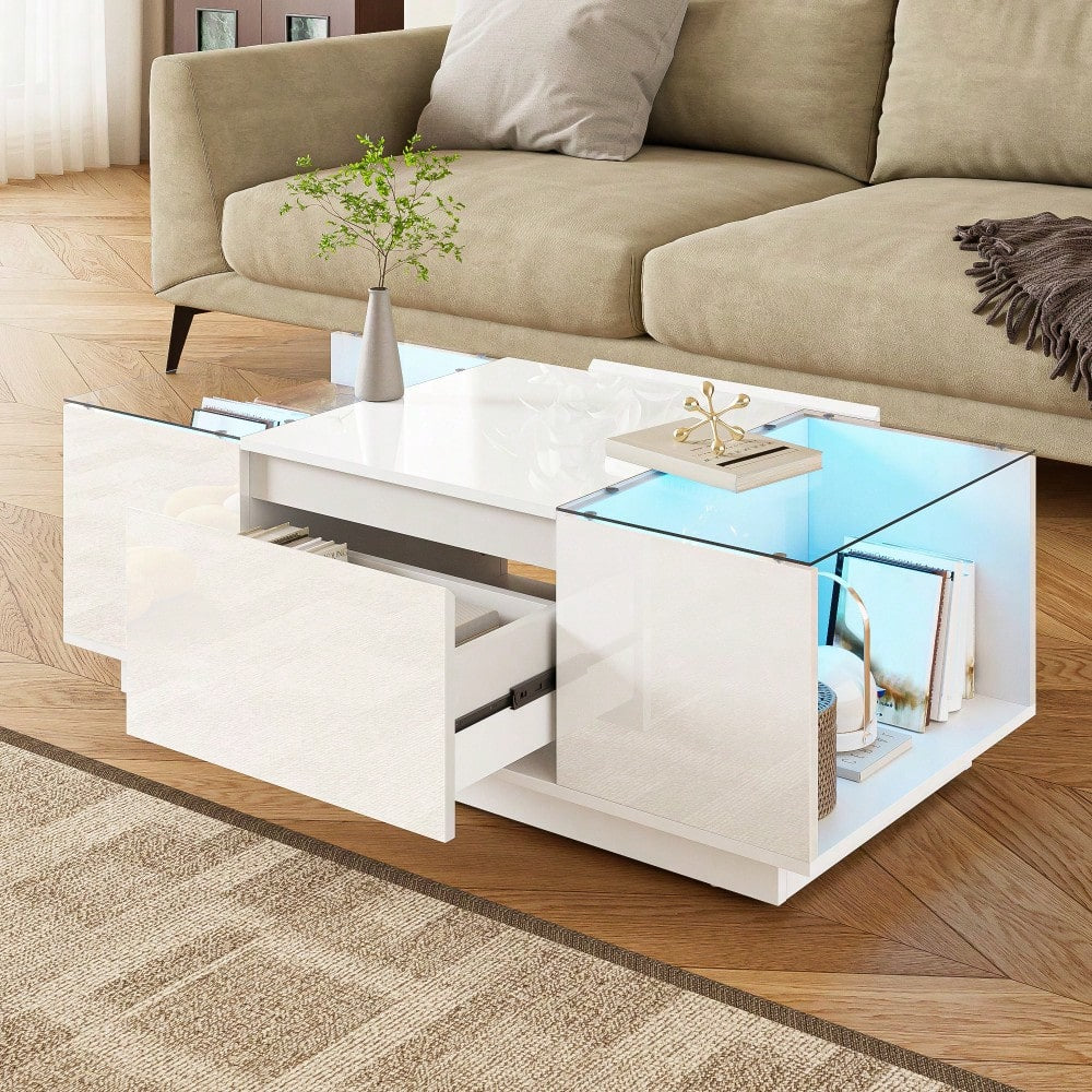 105 cm moderner, minimalistischer Couchtisch mit Stauraum, LED-Stimmungsbeleuchtung, Glasplatte und 2 Schubladen