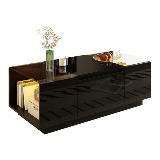 105 cm moderner, minimalistischer Couchtisch mit Stauraum, LED-Stimmungsbeleuchtung, Glasplatte und 2 Schubladen
