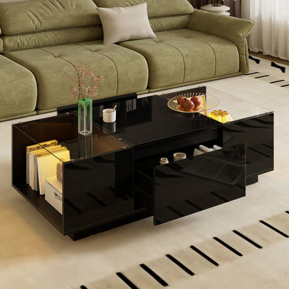 105 cm moderner, minimalistischer Couchtisch mit Stauraum, LED-Stimmungsbeleuchtung, Glasplatte und 2 Schubladen