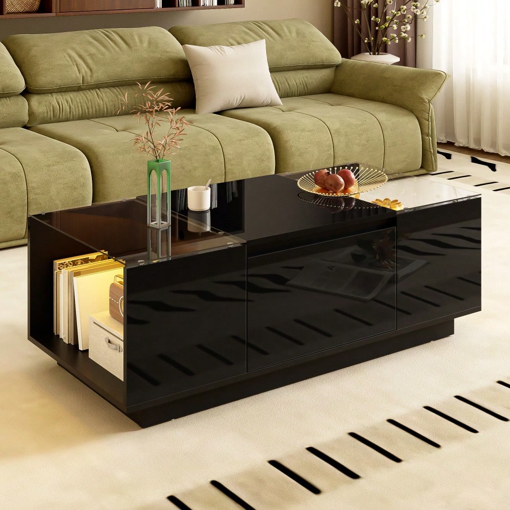 105 cm moderner, minimalistischer Couchtisch mit Stauraum, LED-Stimmungsbeleuchtung, Glasplatte und 2 Schubladen