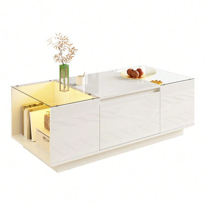 105 cm moderner, minimalistischer Couchtisch mit Stauraum, LED-Stimmungsbeleuchtung, Glasplatte und 2 Schubladen