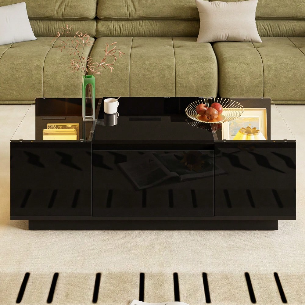105 cm moderner, minimalistischer Couchtisch mit Stauraum, LED-Stimmungsbeleuchtung, Glasplatte und 2 Schubladen