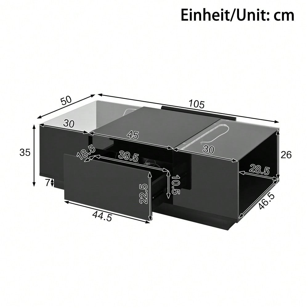 105 cm moderner, minimalistischer Couchtisch mit Stauraum, LED-Stimmungsbeleuchtung, Glasplatte und 2 Schubladen