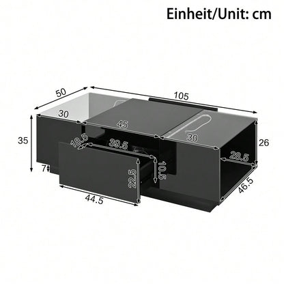 105 cm moderner, minimalistischer Couchtisch mit Stauraum, LED-Stimmungsbeleuchtung, Glasplatte und 2 Schubladen