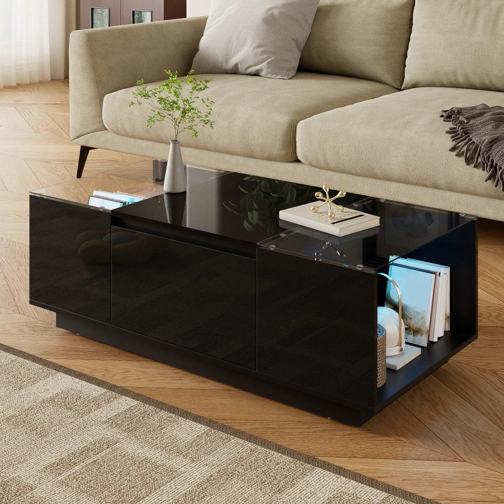 105 cm moderner, minimalistischer Couchtisch mit Stauraum, LED-Stimmungsbeleuchtung, Glasplatte und 2 Schubladen