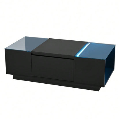 105 cm moderner, minimalistischer Couchtisch mit Stauraum, LED-Stimmungsbeleuchtung, Glasplatte und 2 Schubladen