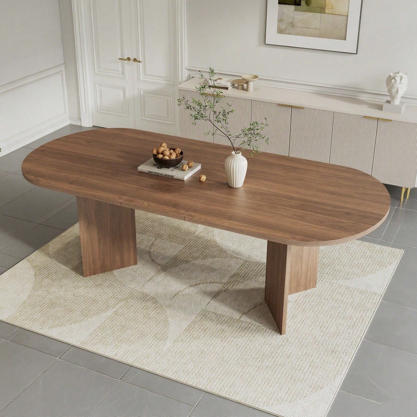 Ausziehbarer Esstisch 160/200 * 90 cm, geeignet für 4–6 Personen, Esstisch mit abgerundeten Ecken, verdickte Tischplatte, ausziehbarer Esstisch im einfachen Stil, Nussbaum