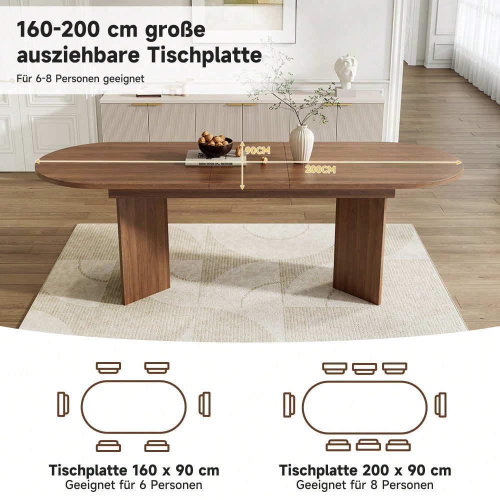 Ausziehbarer Esstisch 160/200 * 90 cm, geeignet für 4–6 Personen, Esstisch mit abgerundeten Ecken, verdickte Tischplatte, ausziehbarer Esstisch im einfachen Stil, Nussbaum